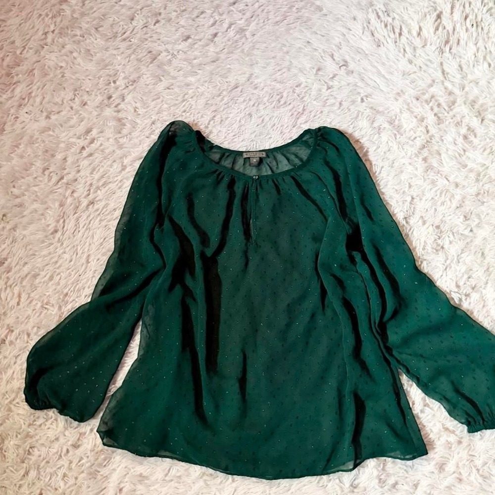Sheer Flowy Rich Earthy Green Festive Holiday Sparkle Layering Top Womens M